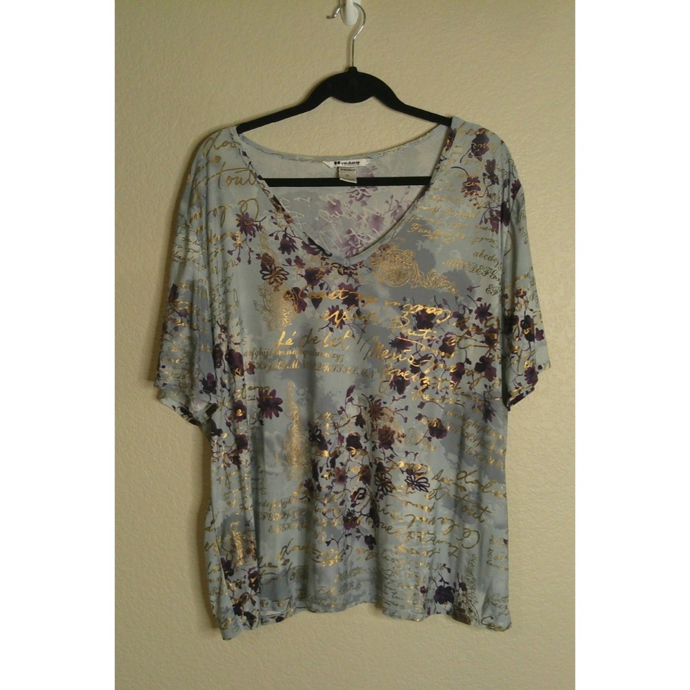 Nygard Collection Womens 2X Top Blue Floral Gold Script V Neck Artsy Casual Chic
